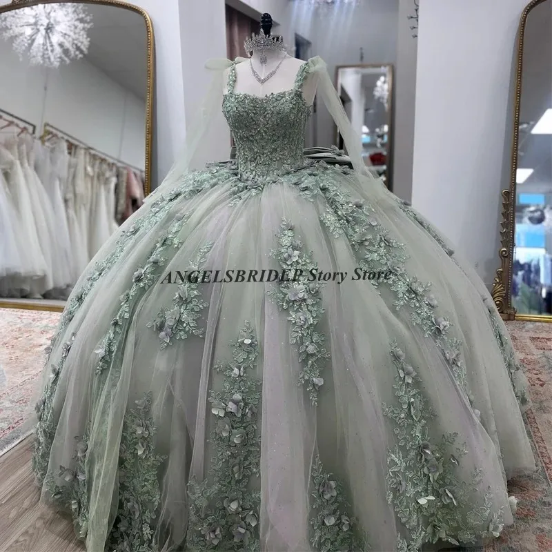 

Angelsbridep Light Sage Green Quinceanera Dresses Beaded Appliques Sweet 16 Ball Gown Tulle 3D Floral Vestidos XV 15 Años