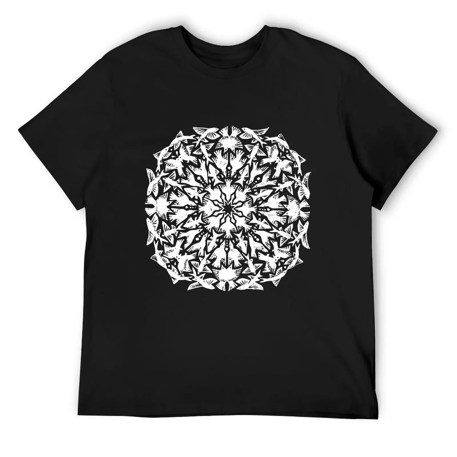 

Flying fish and Diving Birds - Linocut Mandala T-Shirt summer clothes vintage t shirts new edition men graphic t shirts