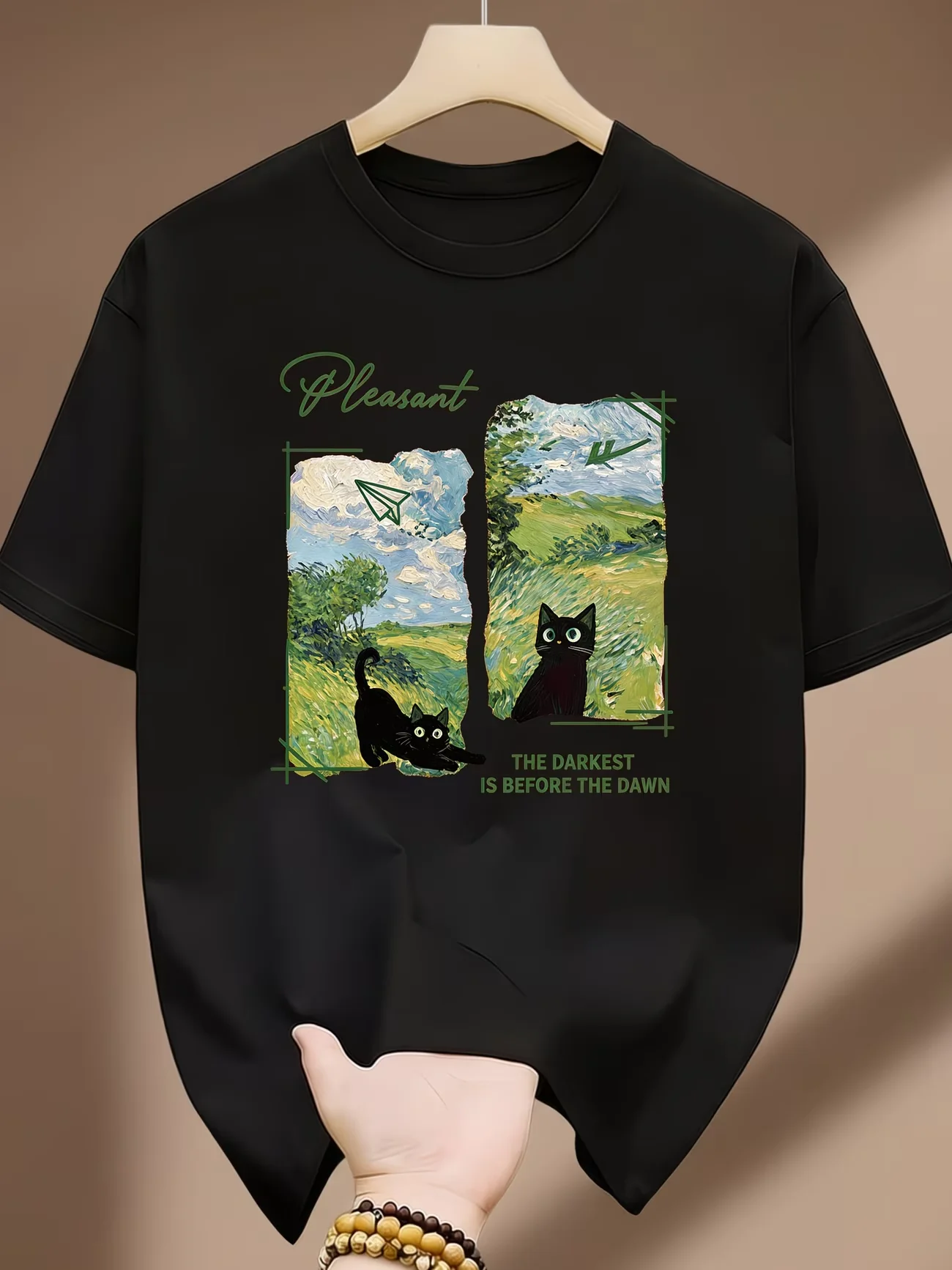 Vintage Oil Painting Landscape Cat T-Shirt Women Aesthetic Nature Graphic Tee Short Sleeve Summer Top Artistic Countryside Style