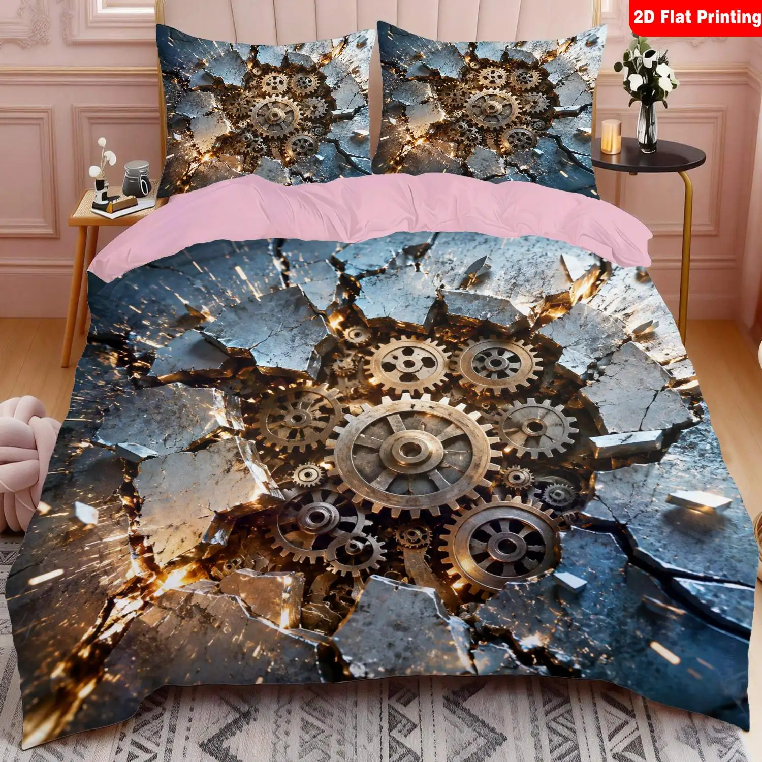 Golden Ndustrial Gear Bedding Set Twin Full King Size Steampunk Style Duvet Cover Mechanical Device Comforter Cover for Boys Men