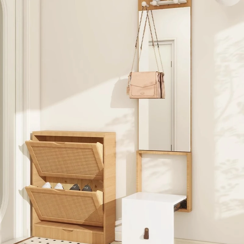 Folding shoe changing stool+vanity mirror+hanging clothes rack ultra narrow, light luxury integrated wall mounted