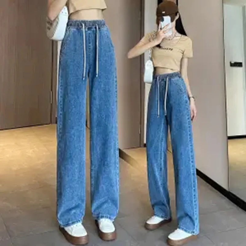 Lace Up Ankle-length Wide Leg Jeans Korea Casual High Waist Baggy Straight Vaqueros New Women Vintage Streetwear Denim Pants