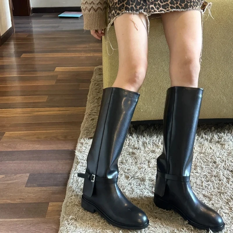 

Women Autumn Winter Slip-On High Boots for Woman's Luxury Design Brand Round Toe Riding Boots Ladies Motorcycle Botas