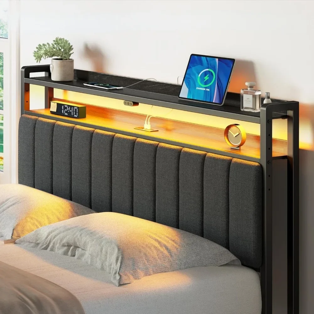 Headboard for Queen Size Bed with Storage, 60,000 DIY Color of LED Light, Head Board with USB & Type C Port, Height Adjustable