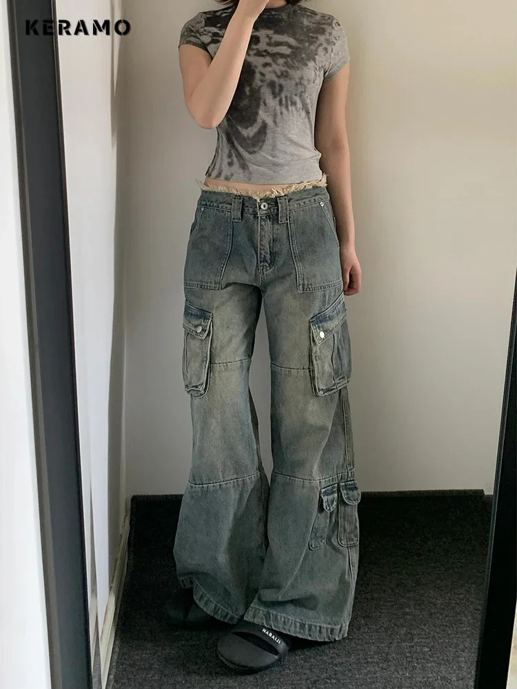 Damen Retro lässig weites Bein Baggy Denim Hose Harajuku Tasche hohe Taille lose Jeans 2000 Sommer y2k 1920er Jahre Trashy Hose