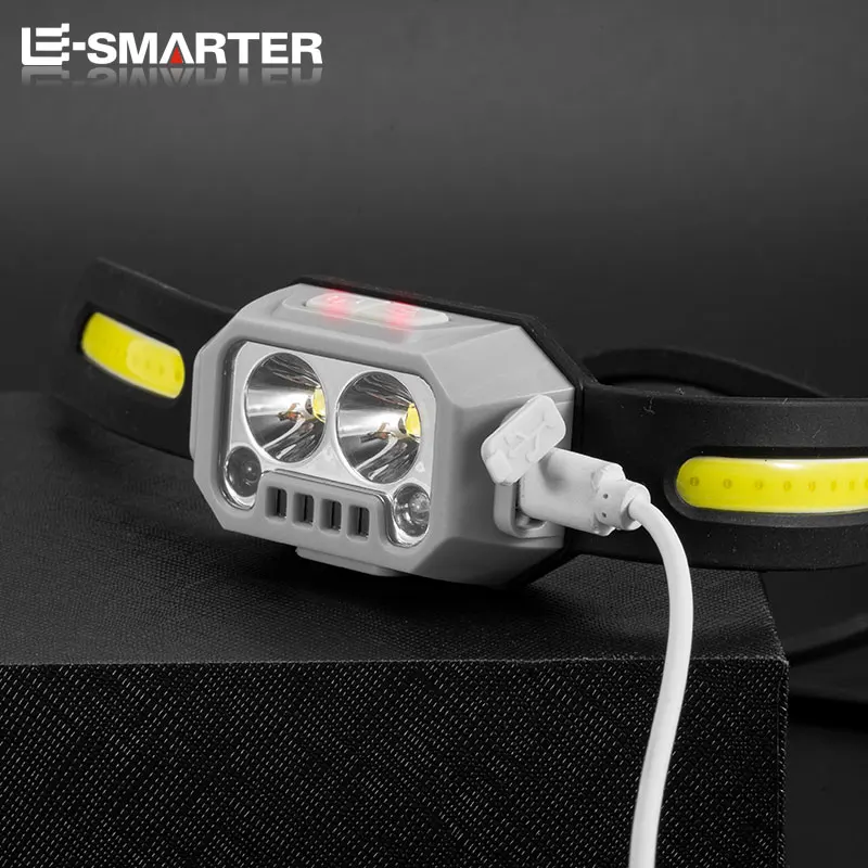 Super Bright COB LED Headlamp com sensor de movimento IR Lâmpada de silicone impermeável Luz de indução com bateria