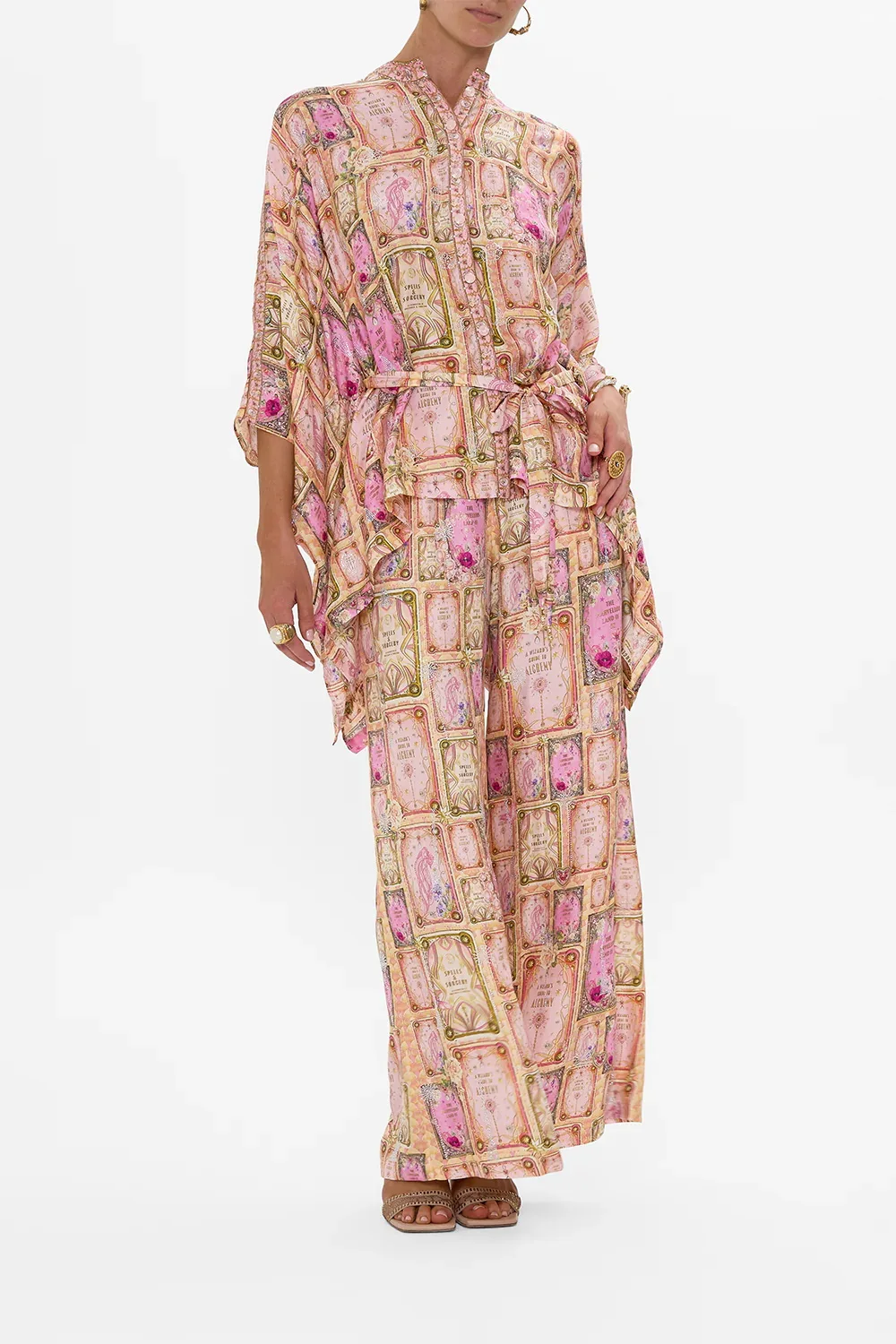 Crystal Beaded Women Pink Print Set Stand Collar Single Breasted Shirt + High Waist Straight Wide Leg Pants Elegant Silk Suits