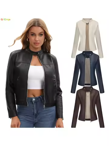 Black Women's Fitted Leather Jacket with Front Zipper & Side Pockets‌, Available in Brown, Navy Blue, and Beige.