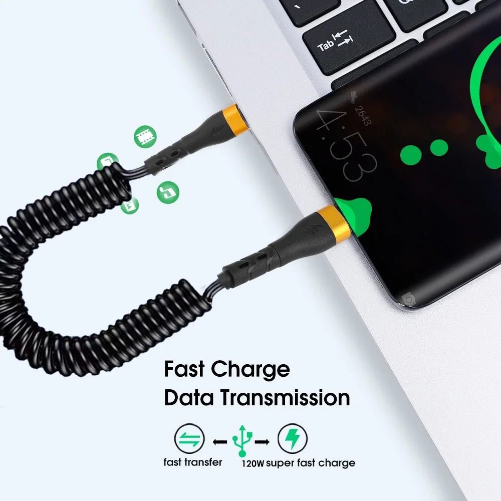 Coiled Dual USB C Cable USB C To Type C Mobile Phone Data Wire PD120W Super Quick Charging Retractable Car Charger Cord