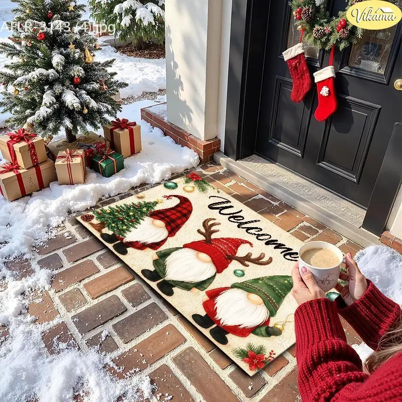 VIKAMA Welcome Gnome Reindeer Tree Entryway Rug Non Slip Low Profile Mats for Outside Front Door Xmas Winter Decor Soft