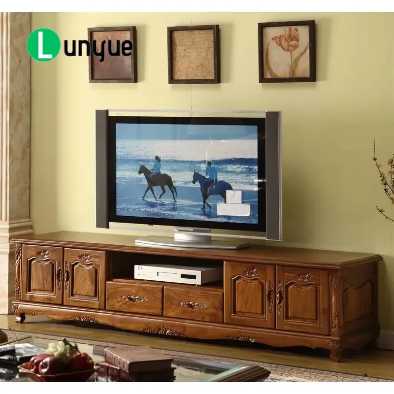 Luxury European Modern Antique Hand Carved Teak TV Cabinet 4 Doors 2 Drawers Sustainable Durable Comfortable Living Room
