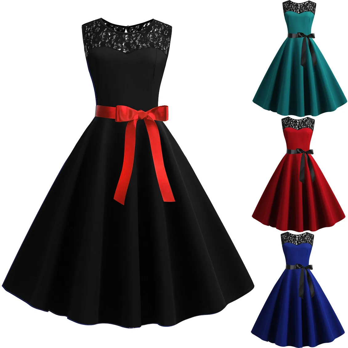 1950s donne Vintage senza maniche in pizzo giuntura solido Swing Dress da donna retrò Prom Party Dress Ladies Vestidos