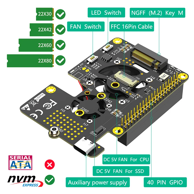 NVMe M klucz do wspornik adaptera pci-e 2230 2242 2260 2280 M.2 NVME SSD wentylator chłodnicy kabel RGB LED Dual Switch FFC do Raspberry Pi 5