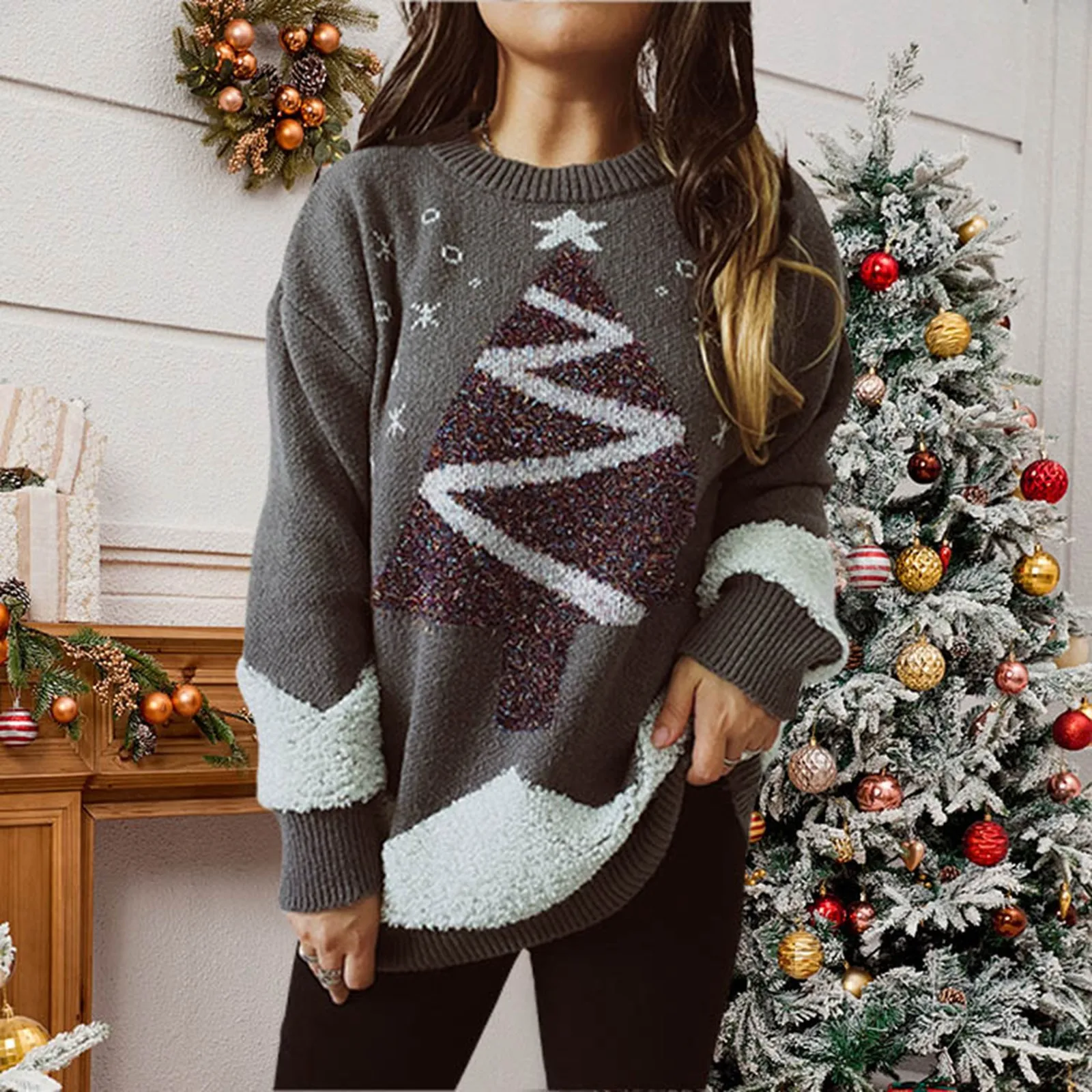 Loose Women's Round Neck Knit Pullover Christmas Print  Sweater Vintage Casual  Lazy Style Tops Comfortable Warm  Sweatshirts