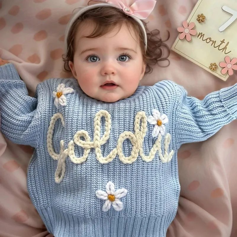 New Custom Name Kids Clothes Girls Boys Personalized Baby Sweaters Handmade Thick Line Embroidery Children's Knitted Sweater view 6