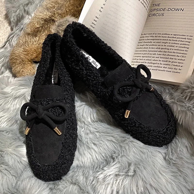 Shoes Woman 2023 Casual Female Sneakers Loafers Fur Bow-Knot Clogs Platform Round Toe New Winter Moccasin Butterfly Big Size