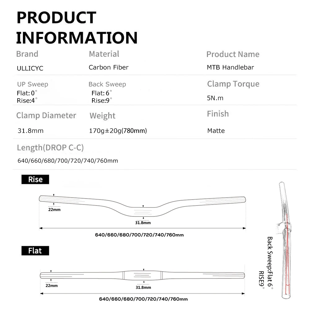 

Легкий руль MTB из углеродного волокна, черный матовый, подъемный/плоский, диаметр зажима 31,8 мм, руль XC 640-760 мм, часть велосипеда