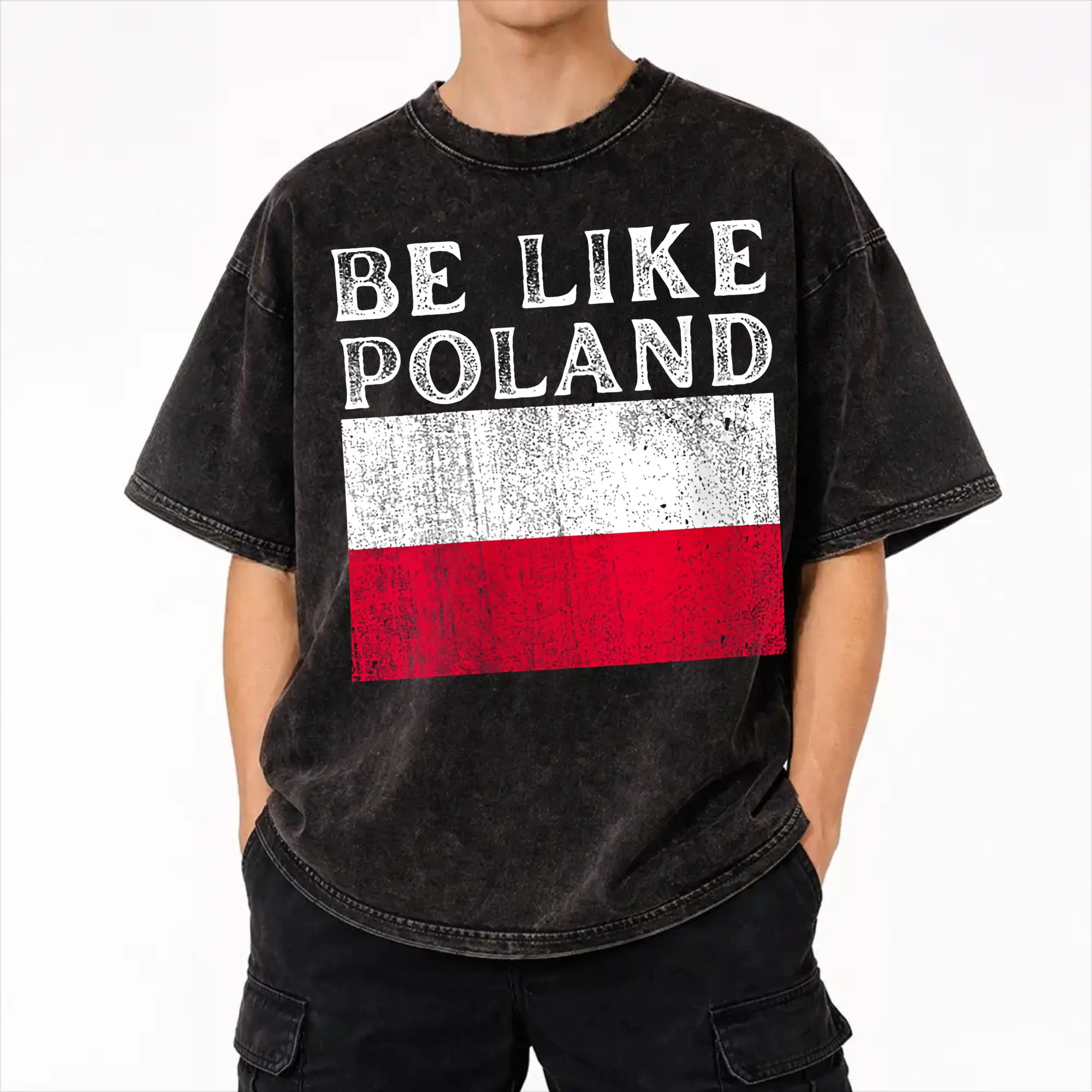 Harajuku Washed Shirt Be Like Poland Polska Polish Flag  Merch Vintage T-Shirts Oversize  Streetwear Short Sleeve