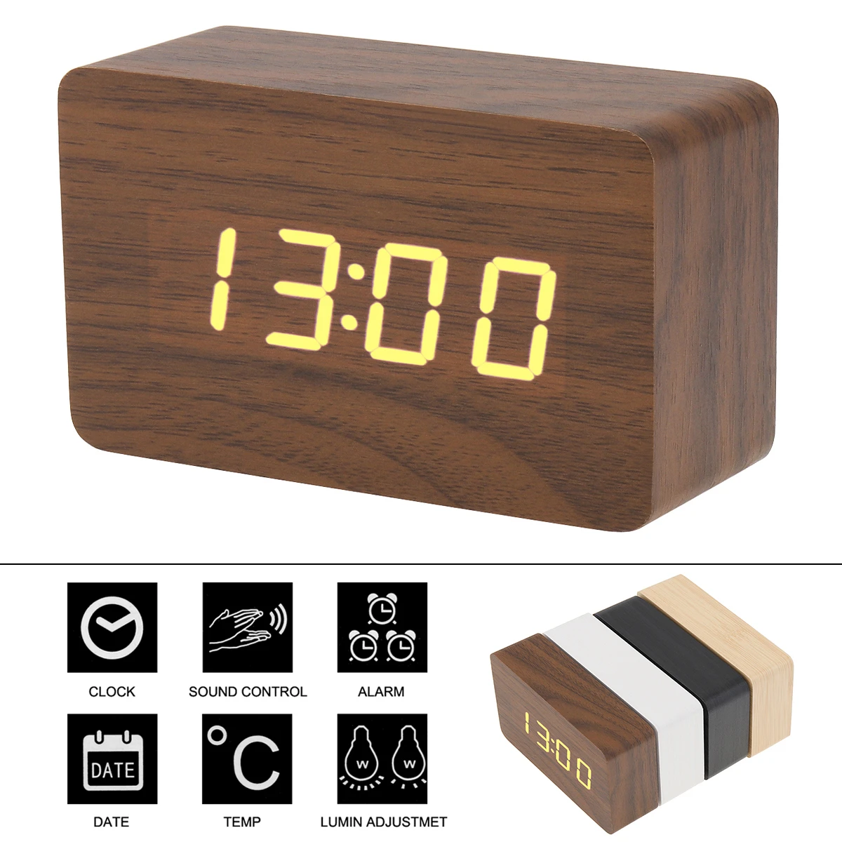 

LED Wood Alarm Clock Voice Control Time Date Temperature Digital Bamboo Rectangle Table Desktop Clocks Wood Alarm Clock Tools