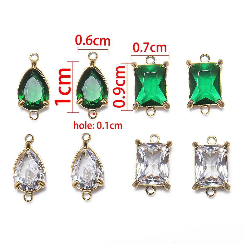 10 pezzi 5 pezzi pendenti in zircone in acciaio inossidabile verde trasparente con due fori perline di cristallo per collana creazione di gioielli