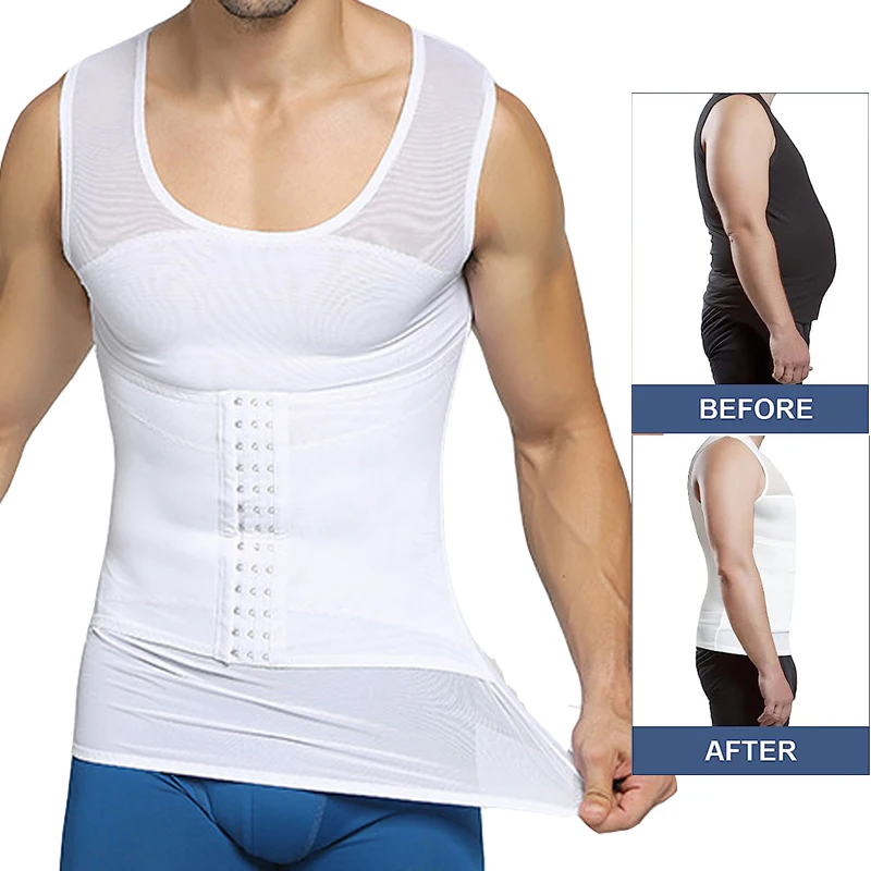 Mens Compression Vest Slimming Body Shaper Shirt Tummy Control Fitness Workout Tank Tops Abs Abdomen Undershirts with Hooks