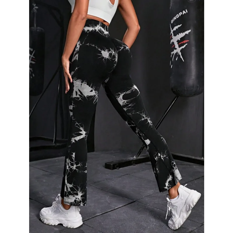 Women Tie Dye Flared Pants Knit Seamless Leggings High Waist Butt Lift Fitness Pants Gym Yoga Cycling Skinny Stretchy Leggings