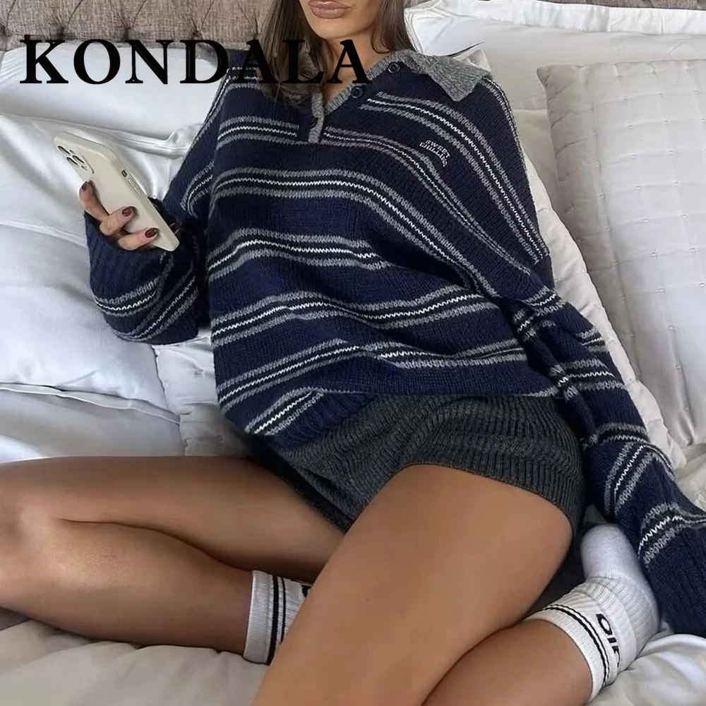 

KONDALA шикарная студенческая мода 2025 осенняя полосатая уличная одежда рождественский женский свитер повседневный негабаритный свитер-поло High Street