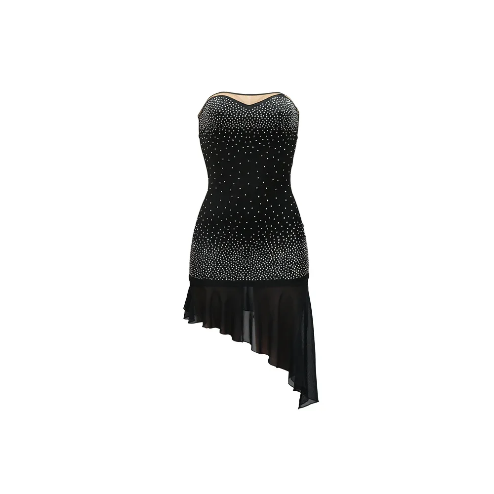 New Women's Sexy Black Mini Dress Rhinestone Ruffles Mesh Patchwork Bodycon Sleeveless Backless Irregular Birthday Party Robe