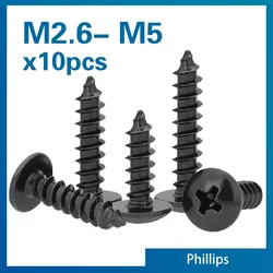 10pcs/lot M2.6 M3 M3.5 M4 M5 BLACK CARBON STEEL Phillips Truss Head Cross Recessed Mushroom Head Self Tapping Screws