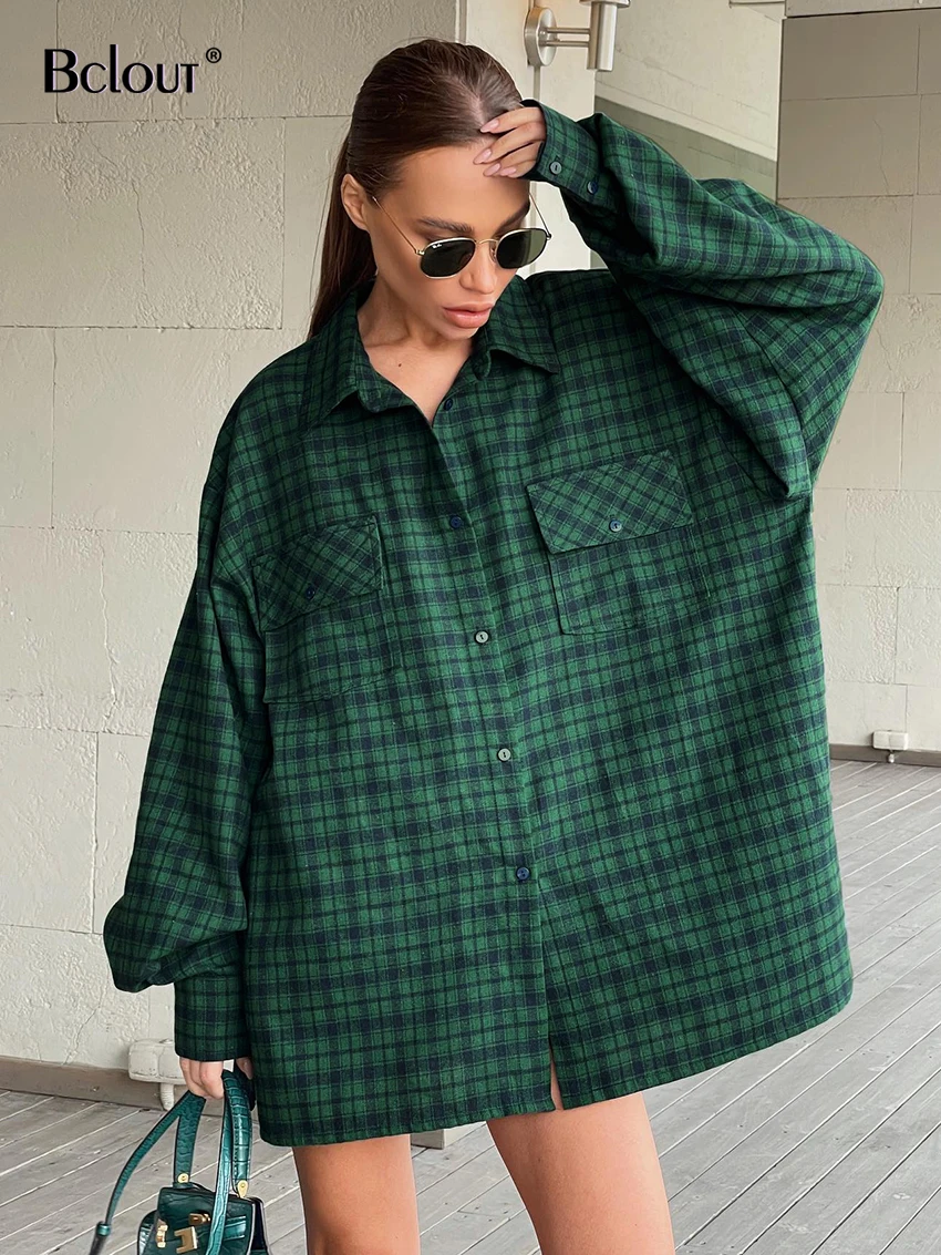 Bclout Casual Green Plaids Loose Blouses For Women 2024 Winter Vintage Long Sleeve Party Shirts Flannel Elegant Office Lady Tops