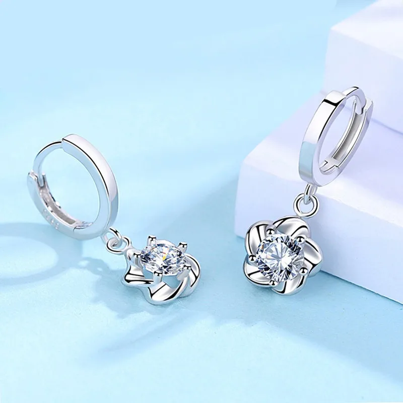 2Pcs Trendy New Fashion Zircon 925 Silver Earrings For Women With Simple Plum Blossom Earring Hoops And Elegant Earrings Gift image 6