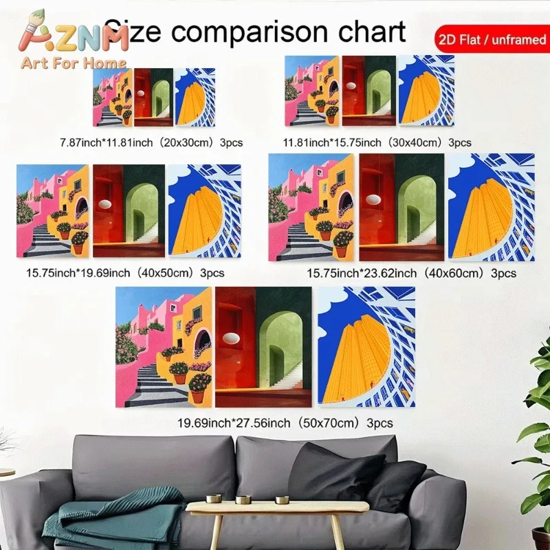 Modern Geometric Architecture Canvas Wall Art 3pcs Colorful Arch Building Abstract City Unframed Canvas Print For Living Room Ho