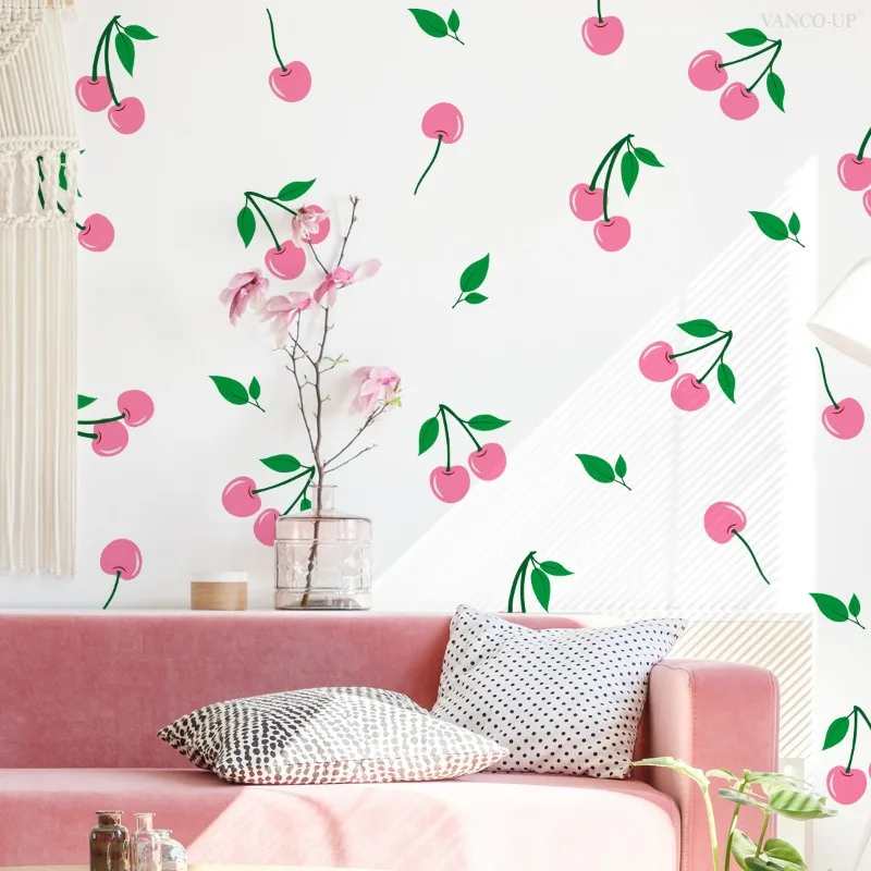 Red Cherry Wall Stickers For Kids Room Decor Living Room Cherry Fruit Mural Decals Bohemian Cherries Green Leaf Window Wallpaper view 2