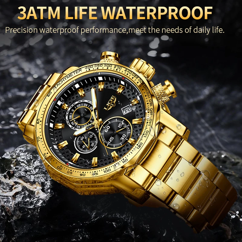 LIGE New Gold Quartz Watches For Men Military Sport Waterproof Big Dial Watch Men Fashion Business Date Chronograph Montre Homme