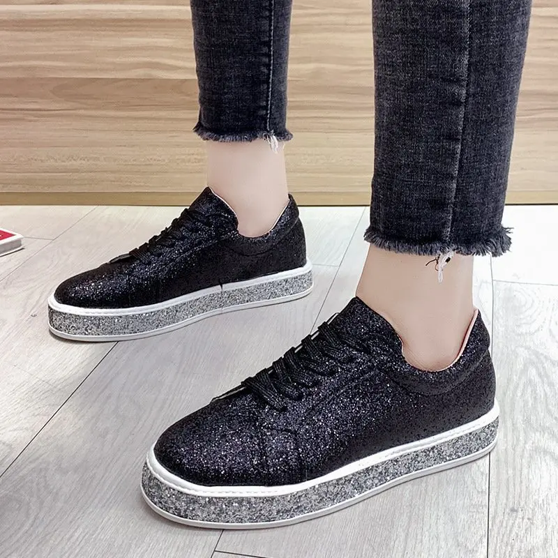 Women\'s Casual Shoes Fashion Sequins Bling Lace Up Sneakers Thick Bottom Spring Autumn Female Footwear Flats Plus Size Zapatos