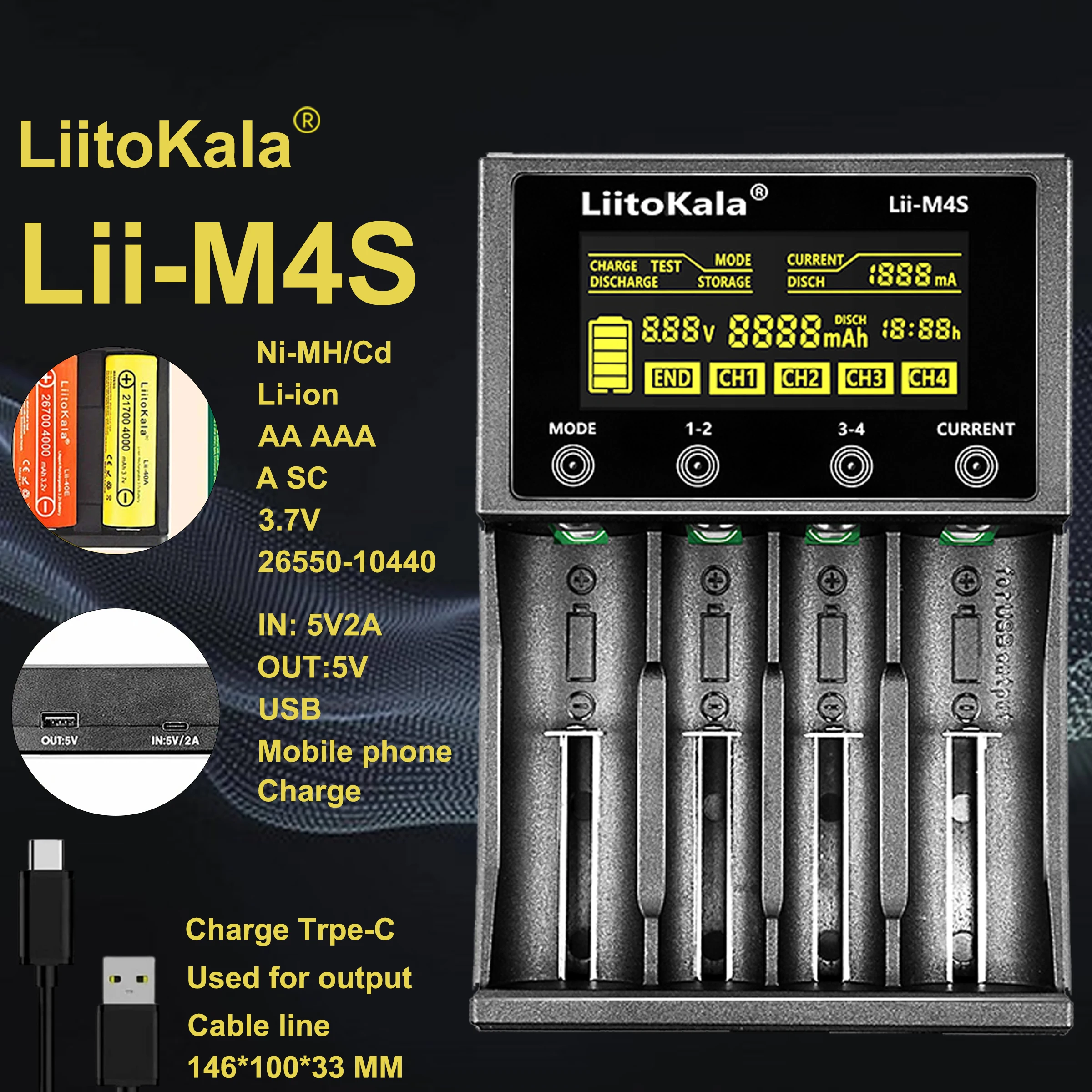 

LiitoKala Lii-M4S 5V Battery Charger for 3.7V Cells - Versatile Charging for 18650 26650 21700 14500 AA C with EU/AU/UK/US Plug
