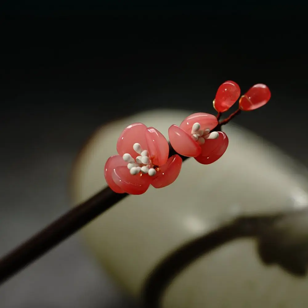 Chinese Decorative Flower Handmade Glass Hairpin Hair Sticks Wooden Hair Fork