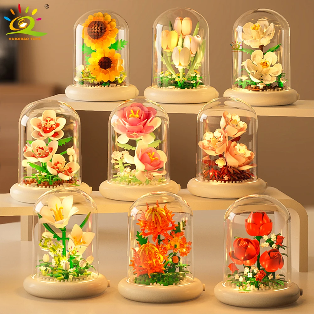 HUIQIBAO MOC Eternal Bouquet Display Box Micro Building Block Flower Model DIY Home Desk Plant Decoration Brick Toy For Children