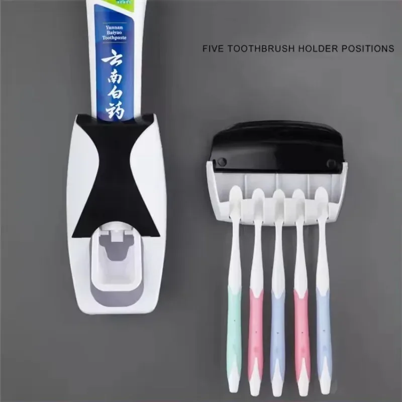 1 Set of Easy-to-Use Toothbrush Holder with Automatic Toothpaste Dispenser Wall Mounted Toothbrush Storage Rack and Bathroom