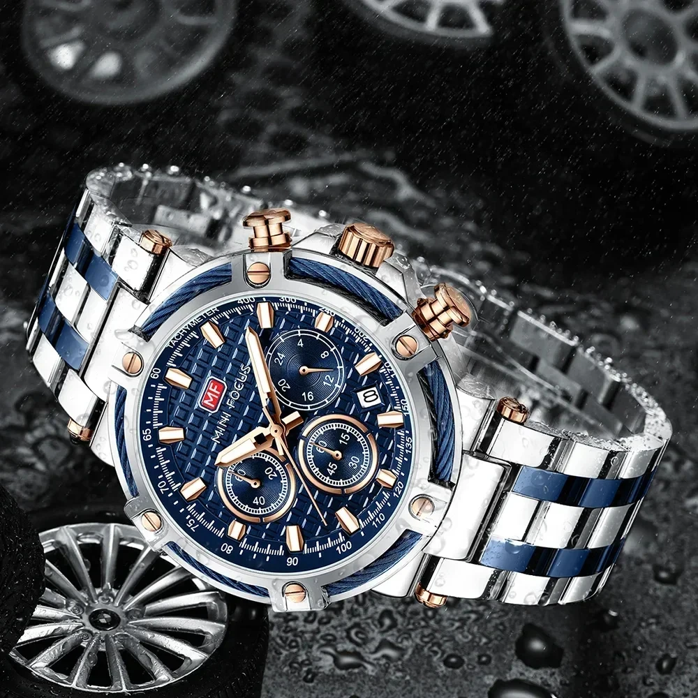 MINI FOCUS Business Quartz Watch for Men Luminous Hands Sports Multifunctional Small Dials Stainless Steel Strap Mens Watches