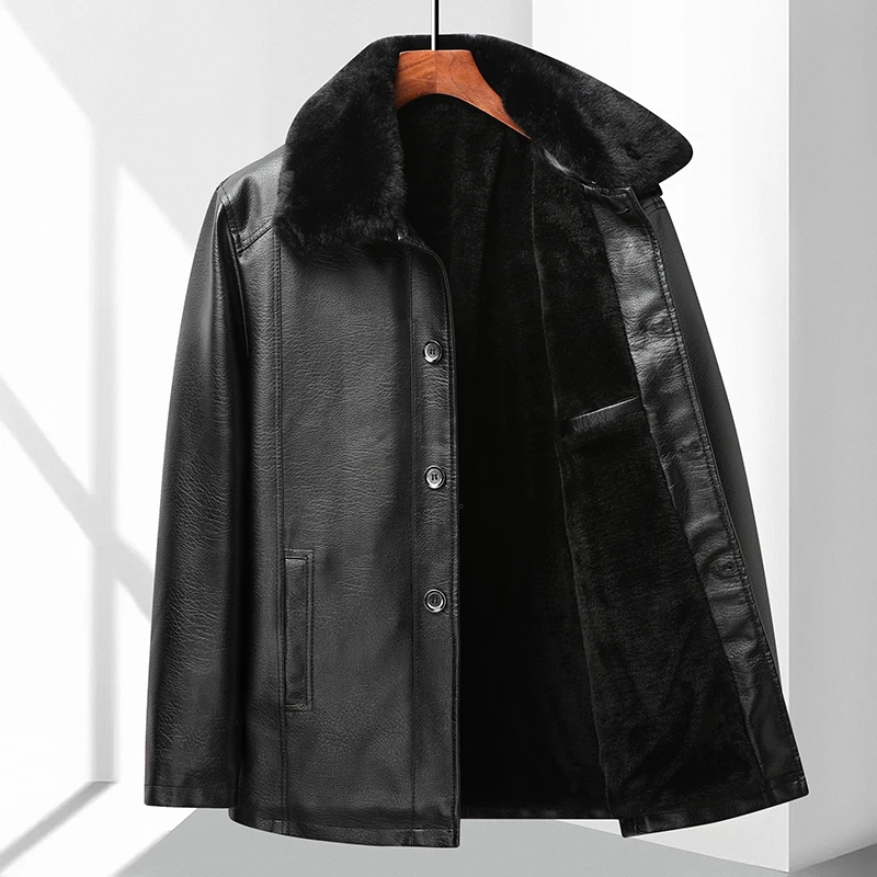 

Зимняя утепленная мужская кожаная куртка на флисовой подкладке, повседневная деловая одежда, хлопковое пальто с отложным воротником для мужчин среднего возраста