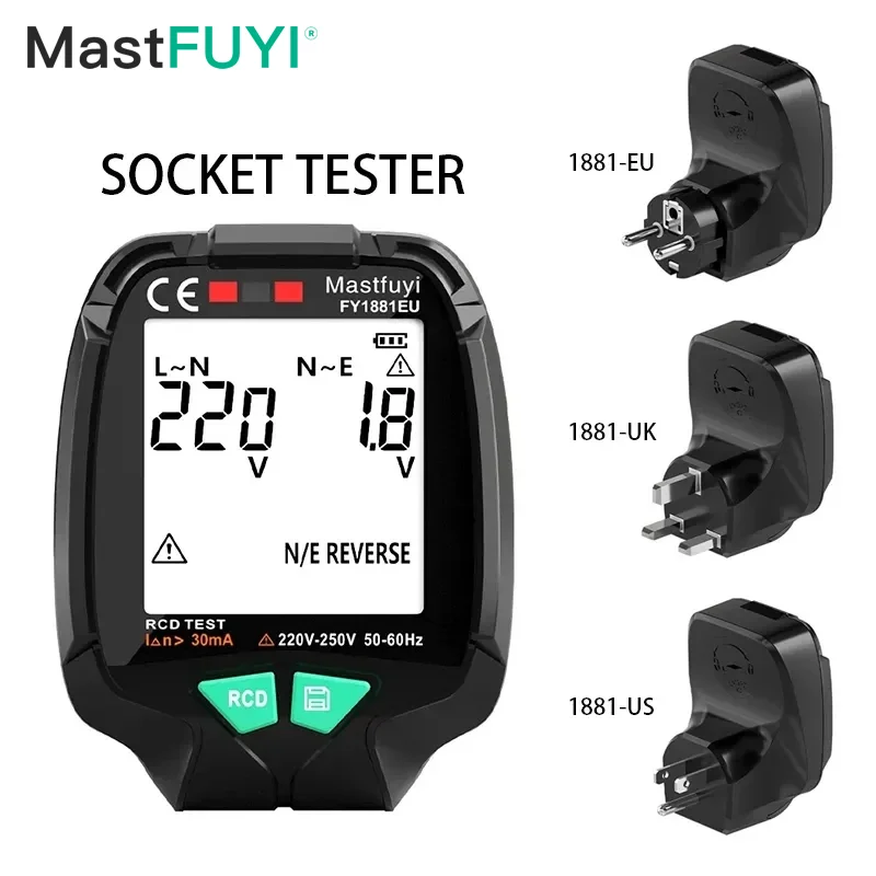 MASTFUYI Socket Tester Full Screen Ground Zero AC Voltage Tester 30V-250V RCD Test Plug Polarity Phase Check EU/US/UK Plug