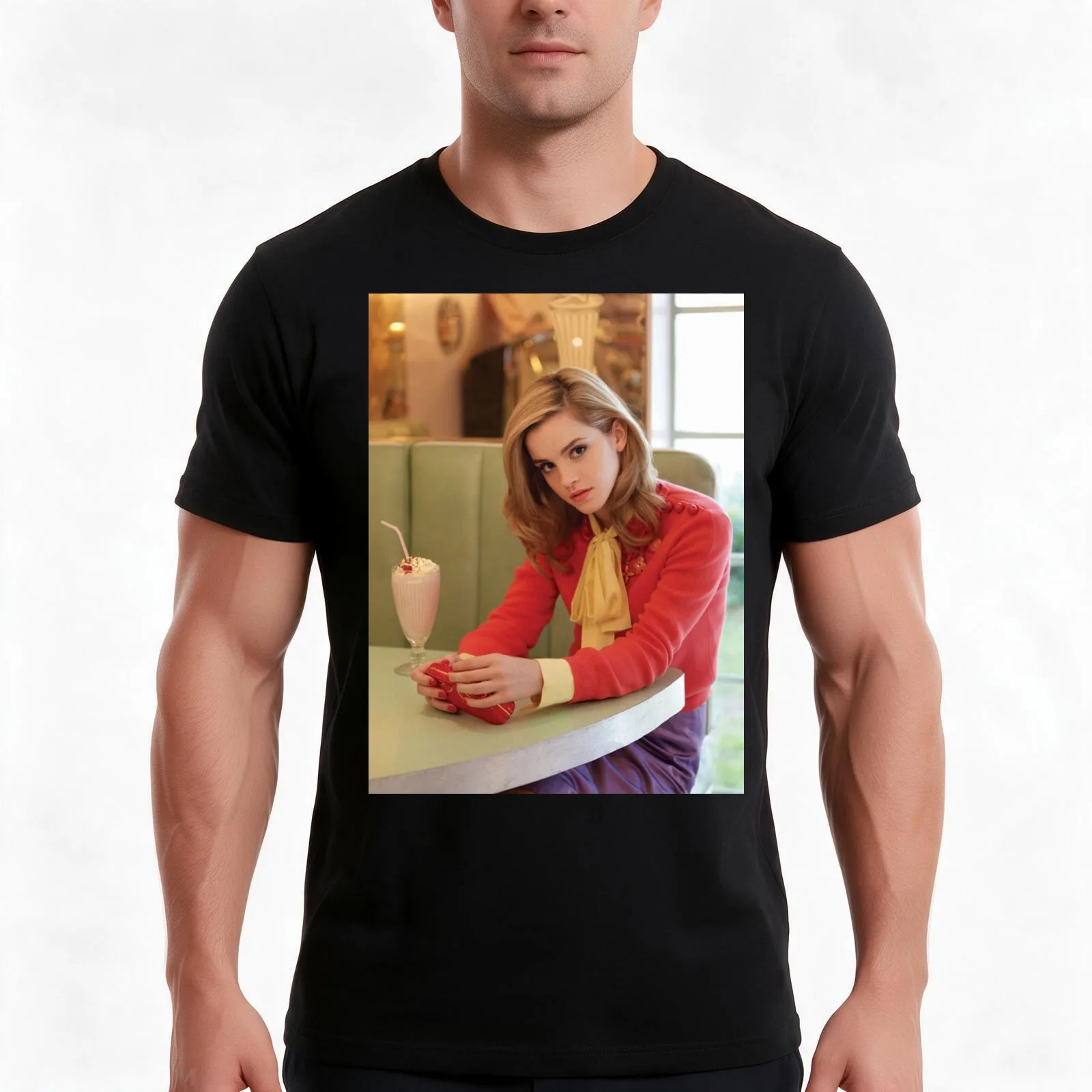 Emma Watson Milkshake Color T-Shirt, Summer Casual Cotton Tee, Oversized Streetwear Tops, Vintage Graphic Print, 100% Cotton