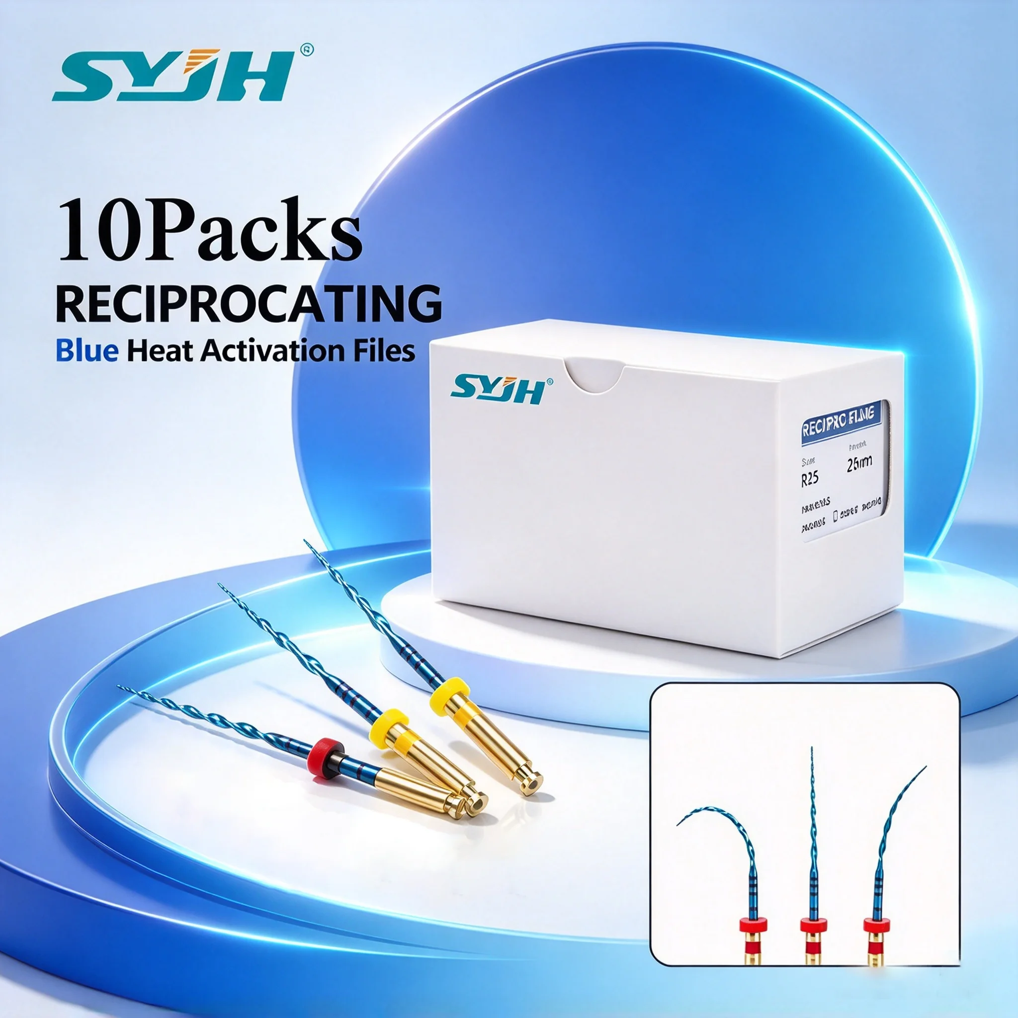 Dental Endodontic Reciprocating NiTi Files 60Pcs R25 R40 R50 Blue Heat Activated for Root Canal Shaping & Cleaning Autoclavable
