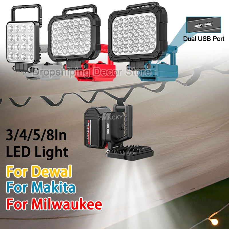 Lanterna de Trabalho LED para Baterias Makita/Dewalt/Milwaukee 18V, Holofote LED com Porta USB Dupla, Gancho e Alça