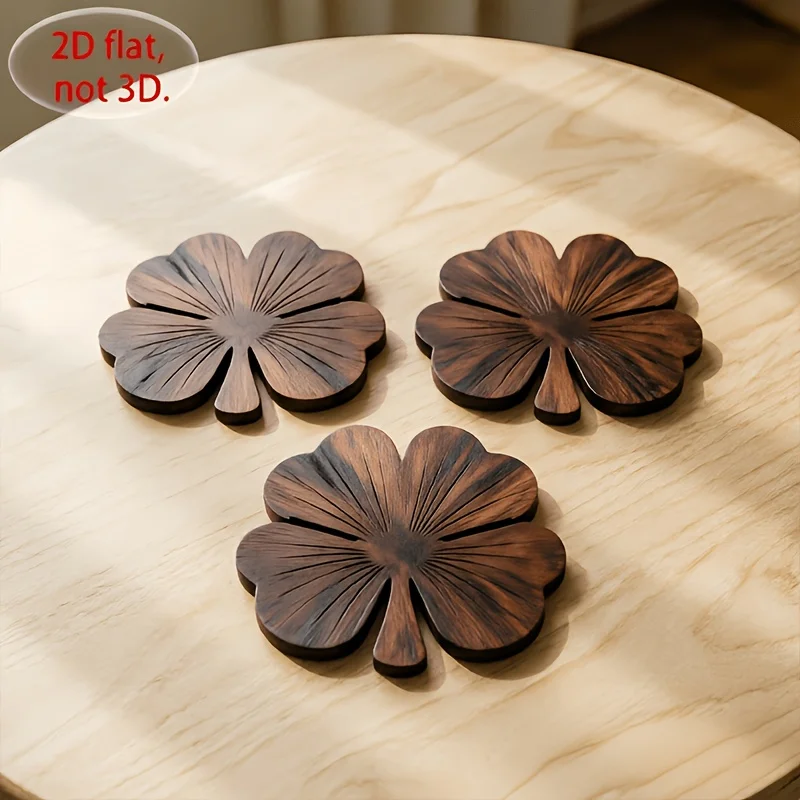4Pcs 2D Flat Clover Wooden Coasters, Walnut‑Tone Desktop Protector Set for Coffee Tea Drinking Cups - view 4