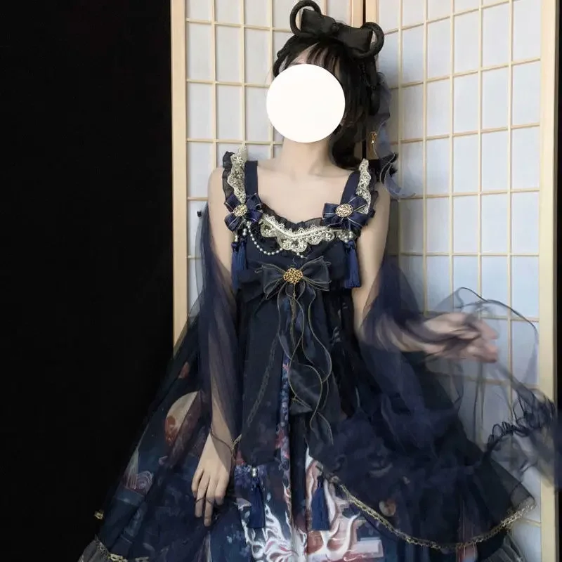 [나인테일 여우] 레드 중국 스타일 레트로 로리타 멜빵, JSK 빅토리아 티 파티 공주 원피스 고스 로리타