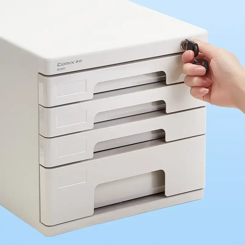 Lockable Office File Cabinet with 4-Layer Desktop Organizer Reinforced Plastic Drawers for Secure Document Storage A4 Paper Tray