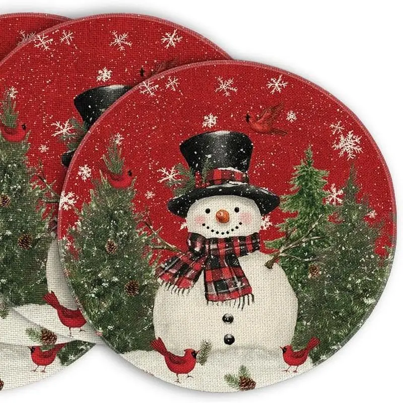 Vintage Red Bottom Snowman Cardinals Round Christmas Mat Wear resistant Plate Mat Home Table Decoration Mat