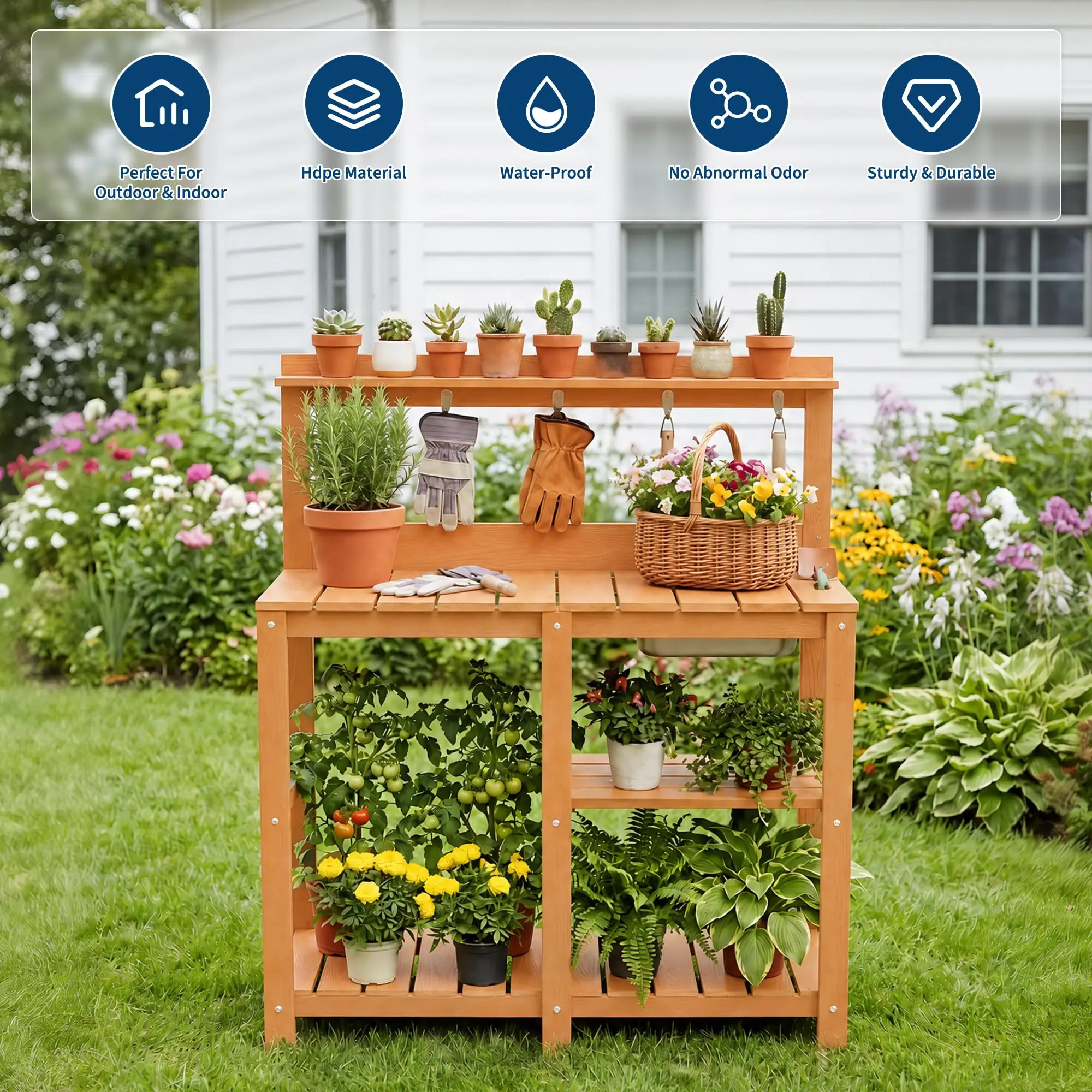 Garden Potting Bench Table Outdoor With Metal Basin, Expandable Sliding Tabletop, Weather Resistant Potting Station With Shelves, Storage And Tool Hooks